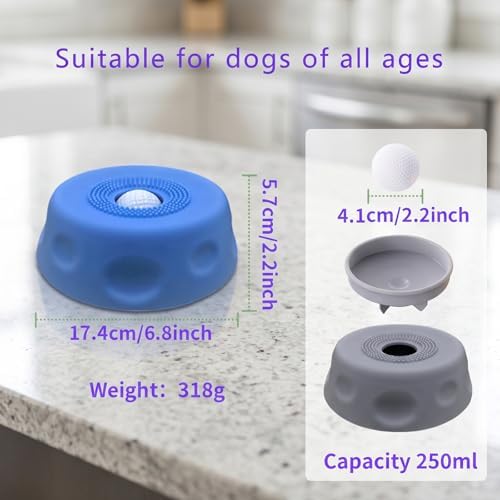 Interactive Dog Licking Toy Ball Slow Feeder Bowl, Food Safe Silicone Bowl for Bone Broth Yogurt Juice, Slow Feeding Protect Dog Stomach & Gut (Blue)