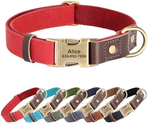 Personalized PU Leather Dog Collars, Quick Release Buckle, Red,S