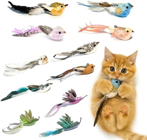 11PCS Realistic Bird Cat Toy Refills – Handmade Feather Cat Toys with Bell, Clip-on Cat Wand Attachments – Interactive Cat Toys for Indoor Cats, Refill Set for Wand Toy or Cute Home Décor