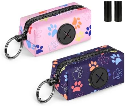 2pack Dog Poop Bag Holder with 2 Roll Bags Lightweight Zipper Dog Poop Bag Holders for Leashes Reusable Small Puppy Pet Waste Bags Dispenser Pouch with Clip Paw Pink/Purple