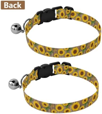 2 Pack Dog Collar Sunflower Wood Rustic Brown Small Dog Collar with Bell, Adjustable Length 10.6" to 17.1"