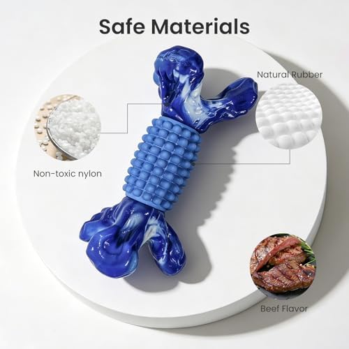 BoYoYo Indestructible Dog Chew Toys for Aggressive Chewers, Tough Dog Toys for Large& Medium Dogs, Dogs Chew Bones Long Lasting to Keep Them Busy, Durable Beef Flavored Toy, Blue