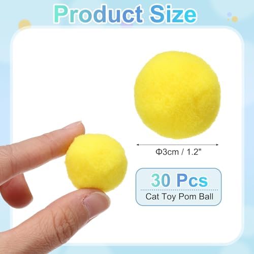 Cat Toy Pom Ball, Interactive Cat Ball Toys Fuzzy Pompoms (Plush, 1.2Inch, 30Pcs, Yellow) for Kittens Pet Enrichment Training Play Indoor