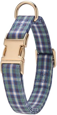 Soft Cotton Dog Collar Classic Plaid Pet Collars with Metal Clasp for Large Dogs with Sensitive Skin, Highland Blue Tartan