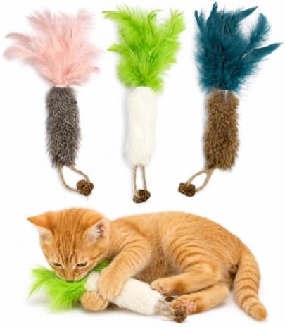 3 Pack Rabbit Fur Catnip Toys with Feathers – Interactive Carrot Cat Toys with Galls Fruit for Indoor Cats and Kittens