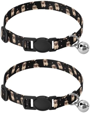 Cute Pug Dogs Black Lightweight Small Dog Collar, 2 Pack Breakaway Cat Collars with Bell