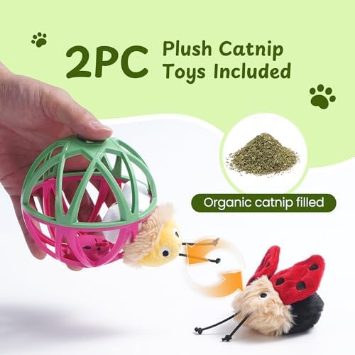 Cat Toys for Indoor Cats - Interactive Ball Cage Cat Toy with Realistic Insect Sounds & 2 Catnip Plush Toys, Motion-Activated Hunting Simulation Toy for Cats