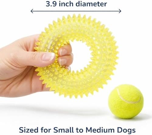 Squeaky Spiky Dog Ring Toy for Teeth Cleaning & Gum Massage 3.9 Inch Small Medium Dogs Yellow | Spiny TPR Rubber Chew Toy for Fetch Play Interactive Bouncy Dental Ring Durable BPA Free Nontoxic Floats