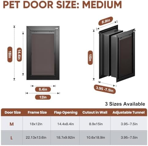 3-Flap Insulated Aluminum Medium Dog Door for Wall | Pets Up to 45 lbs, Heavy-Duty Telescoping Tunnel, Magnetic Design, Dustproof & Rustproof, Dual Security Locks & Closing Panel