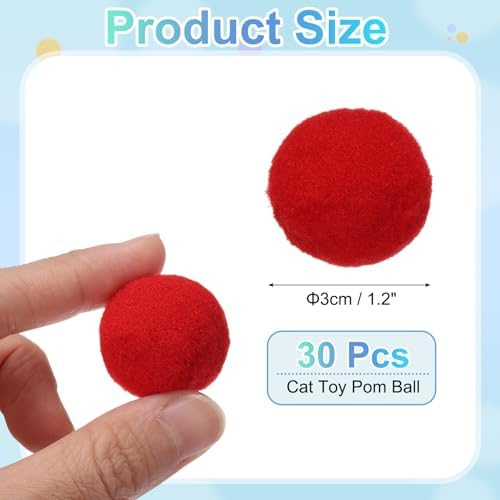 Cat Toy Pom Ball, Interactive Cat Ball Toys Fuzzy Pompoms (Plush, 1.2Inch, 30Pcs, Bright Red) for Kittens Pet Enrichment Training Play Indoor