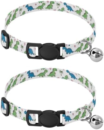 2 Pack Kitten Collar Cute Cartoon Dinosaurs Blue Green Bell Collar for Small Dogs, Adjustable Length 10.6" to 17.1"