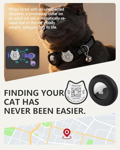 Cat Collar with AirTag Holder, QR Code Tag and Bell (Purple, Paw)