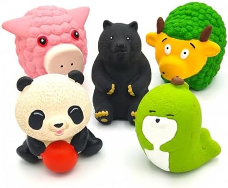 Natural Latex Dog Chew Toys 4&5 Piece Sets for Puppies&Dogs - Anxiety Relief&Teeth Cleaning Chew Toys, Waterproof for Indoor Outdoor Multiple Fun Themes (Set 3：Whimsical Animal Pals (5-Piece))