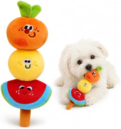 Plush Fruit Dog Toys Cute, Crinkle & Squeaky Dual-Sounded Chewer Toy, Interactive Puppy Chew Toy for Small, Medium Dogs