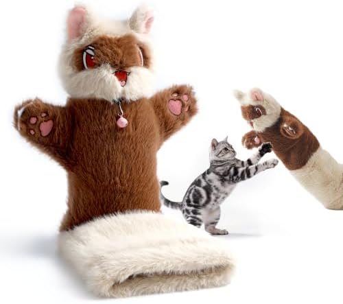 Cat Wrestling Glove, 22 inch Cat Puppet Wrestler with 3 Catnip Pouches & 3 Layer Resistant Protection, Interactive Cat Toy with Removable Bell for Boredom Relief & Mental Stimulation, Raccoon