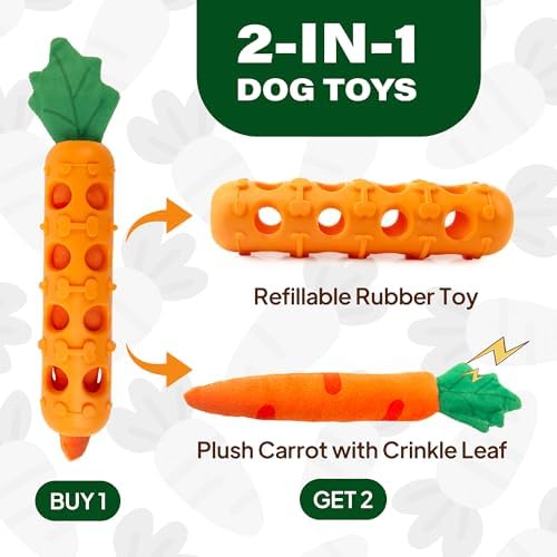 Fida 2-in-1 Puppy Teething Toys, Natural Rubber Chew Toys for Dogs, Carrot
