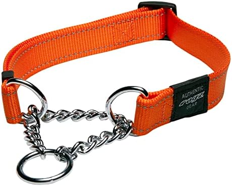 Rogz Utility Large 3/4-Inch Reflective Fanbelt Obedience Half-Check Dog Collar, Orange