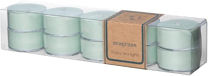 Eco Candle Co. Seagrass Tea Light Candles, 10-Pack, 9 Hr Burn Time | Scents of Coconut, Jasmine, Eucalyptus, Vetiver, Driftwood, & Seaweed - Recyclable, No Lead, Hand Poured, Midwest Soybeans