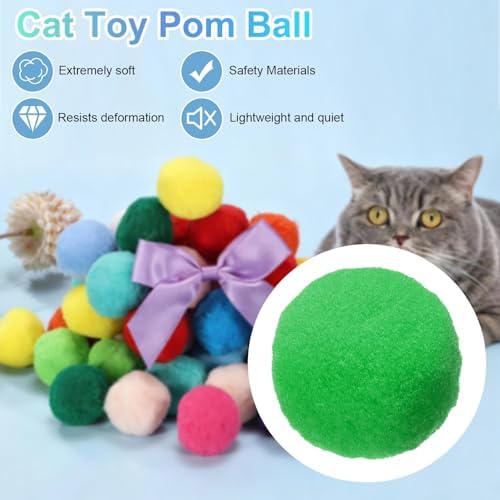 Cat Toy Pom Ball, Interactive Cat Ball Toys Fuzzy Pompoms (Plush, 1.2Inch, 30Pcs, Green Tones) for Kittens Pet Enrichment Training Play Indoor