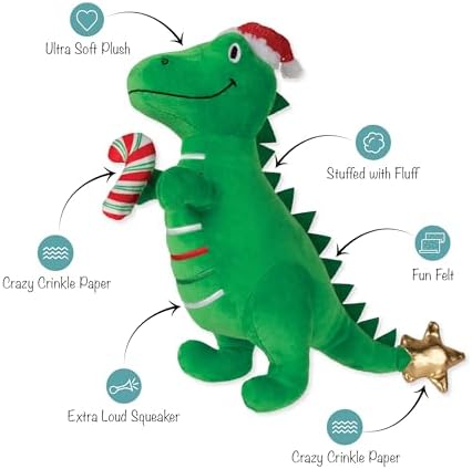 Fringe Studio Pet Toy, REX-MAS is HERE! Green Rex Plush Dog Toy, PetShop Collection (314629)