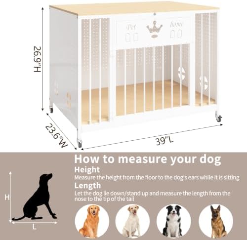 39" Iron Pegboard Dog Crate Furniture with Wooden Top & Remote LED Light