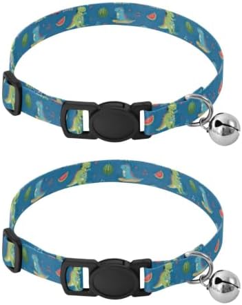 Cartoon Dinosaurs Listening Music Cat Bell Collar 2 Pack Cats Collar Adjustable Length 10.6" to 17.1"