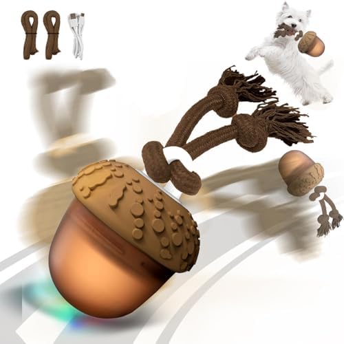 Interactive Dog Toy, Moving Dog Toys for Small Dogs to Keep Them Busy, Automatic Moving and Rolling Dogs Toy with Rope for Small Medium Large Dogs Boredom Relief, USB C Charger (Acron)