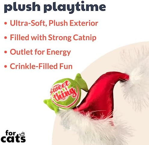 Huxley & Kent Plush Cat Toy - Holiday Interactive Catnip Toy for Cats & Kittens - Soft with Crinkle & Catnip - Fun Indoor Play - Santa Hat & Sweet Thing Candy 2pk