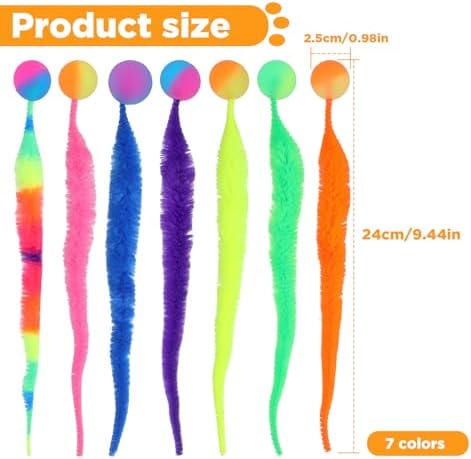 7pcs Bouncy Balls for Cats, Colorful Magic Worm with Ball, Interactive Cat Bouncy Ball, Twisty Fuzzy Worms for Cats Party Favors, Rainbow Colors