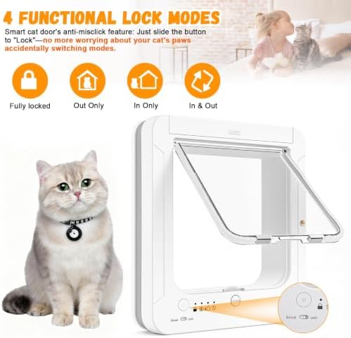 Smart Cat Door for Interior & Exterior, Cat Pet Door with 3 Collar Sensor Keys & 1 Remote Control & 4 Way Locking Cat Flap with RFID Collar Activated Opening SmartPetDoor