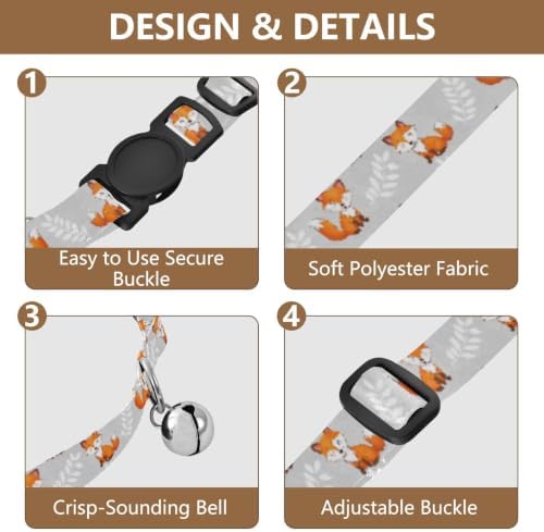 2 Pack Cat Collar Cute Cartoon Fox Branches Grey Small Dog Collar with Bell, Adjustable Length 10.6" to 17.1"