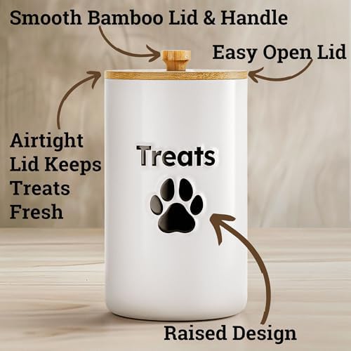 Ceramic Dog Treat Container Airtight with Bamboo Lid, 5"W x 9"H, 7 Cups