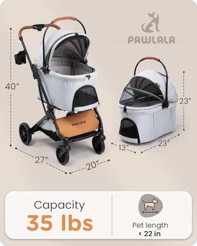 Pet Stroller with Detachable Carrier for Small & Medium Dogs & Cats, Smooth Comfort Ride with Shock-Absorbing Suspension, Foldable Dog Stroller, Compact Storage (Cloud Gray)