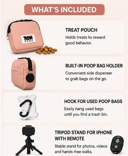 Hands-Free Dog Walking Crossbody for Training, Treat Pouch, Built-in Poop Bag Dispenser, Used Bag Hook & Bonus Tripod (Pink)