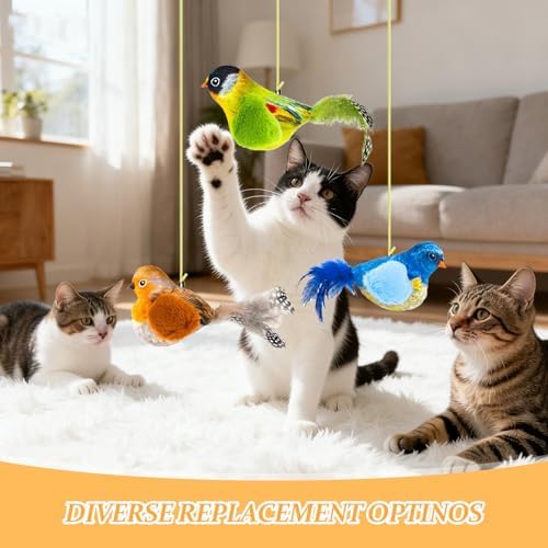 Shudyear 3 Pack Interactive Cat Toys with Chirping Bird Sound – Door Frame Cat Toy Hanging Teaser, Automatic Cat Door Toy for Indoor Cats, Feather Toy for Bored Cats