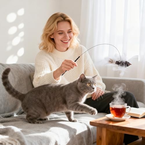 5 Pcs Interactive Cat Feather Toys, Interactive Cat Toys for Indoor Cats, Bird Simulation Cats Feathers Fishing Pole Toy Kit with Suction Base & Replacement Birds for Outdoor Indoor Kitten Playing
