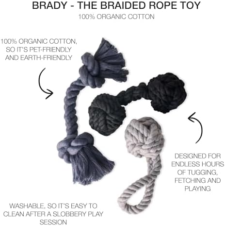 Pet Passion Brady The Rope Tug Toy 3-Pack Organic Cotton Dog Rope Pull Toys for All Pet Breeds, Gray Ombre, One Size