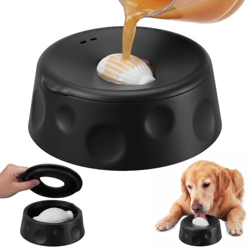 Dog Lick Bowl Ball Slow Feeder, Licking Bowl for Liquid Treat with Rolling Spin Sphere Roller Licker, Licky Feed Calming Anxiety Relief Enrichment Yogurt (Black)