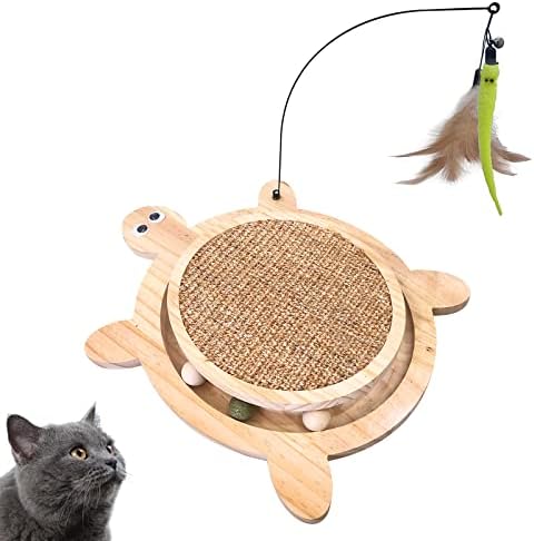 Petest Wooden Interactive Cat Toy with Ball Track & Teaser Wand – Solid Pine Wood Cat Scratcher with Natural Sisal Rope, Replaceable Toys, Turtle Design