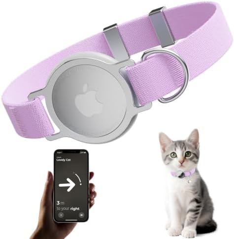AirTag Cat Collar, Elastic Tracker Collar with Airtag Holder and Bell | Compatible with Apple Air Tag, Lightweight & Scratch Resistant, Adjustable Stepless GPS Pet Collar for Cats Kittens, Purple