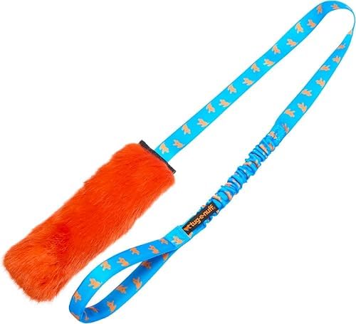 Tug-E-Nuff Faux Fur Squeaky Bungee Chaser Dog Toy (Orange & Blue), 46.5 in