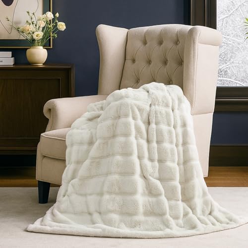 Cozy Bliss Faux Fur Throw Blanket for Couch, Cozy Soft Plush Thick Winter Blanket for Sofa Bedroom Living Room, 50 * 60 Inches Beige (Pack of 2)