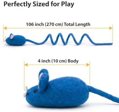 Glaciart One Felt Mouse Cat Toy – Soft Fuzzy Enrichment 100% Natural Wool - Interactive Catnip Play Cat Toy Set - Safe for Pets, Non-AZO Colored Dyes - 100” Long