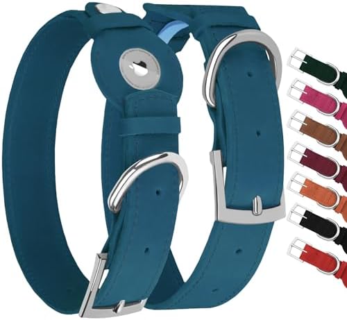 Leather Dog Collar with Airtag Holder - Apple Air Tag Dog Collars - Soft Tracking GPS Pet Collar for Small Medium Large Dogs Breed Puppy (Smoky Blue, XL, 19"-24" Neck Fit)