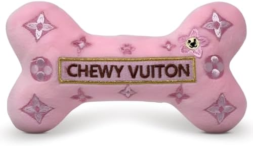 Dog Diggin Designs Chewy Vuiton Pink Blossom Plush Dog Toy Bone | Luxury-Inspired Parody Designer Bone with Squeaker, Soft Plush Chew & Play Dog Toy – Prêt-à-Porter Play!