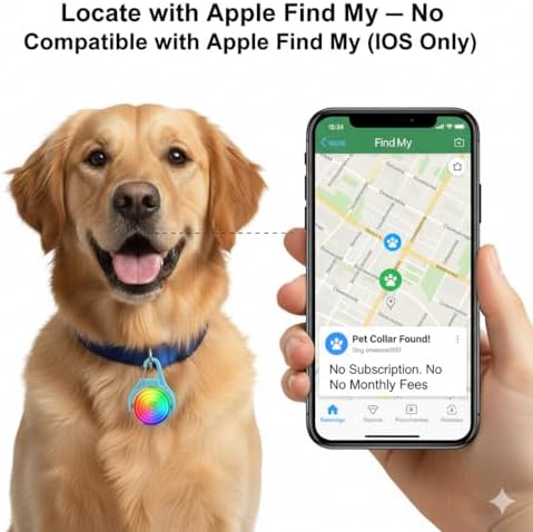 Smart Pet Location Tag with Holder – No Subscription, Compatible with Apple Find My (iOS Only), Lightweight Silicone Case, Clip-On Anti-Loss Accessory for Dog & Cat Collars, Bags (Blue)