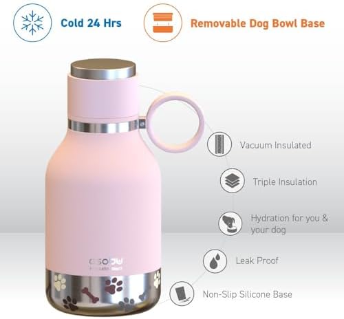 asobu Buddy Bottle, a Stainless Steel Insulated Water Bottle with Removable Dog Water Bowl and Dog Food and Treat Storage (Pink, 37 Oz)