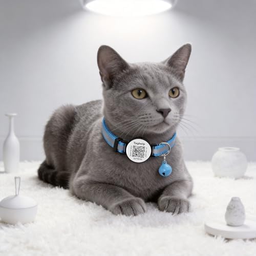Upgraded Version - Reflective Cat Collar with Bell, Solid & Safe Collars for Cats, Nylon, Mixed Colors, Pet Collar, Breakaway Cat Collar Charms, Fits Most Cats (Blue)