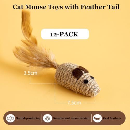 12PCS Cat Mouse Toys, Natural Sisal Mouse Cat Toys for Indoor Cats, Teeth Cleaning Dental Chew Toy, Interactive Cat Mice Toy Eliminate Boredom
