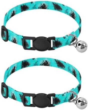 Motorbike Riders Cyan Lightweight Pet Collar for Cats and Dogs, 2 Pack Breakaway Cat Collars with Bell